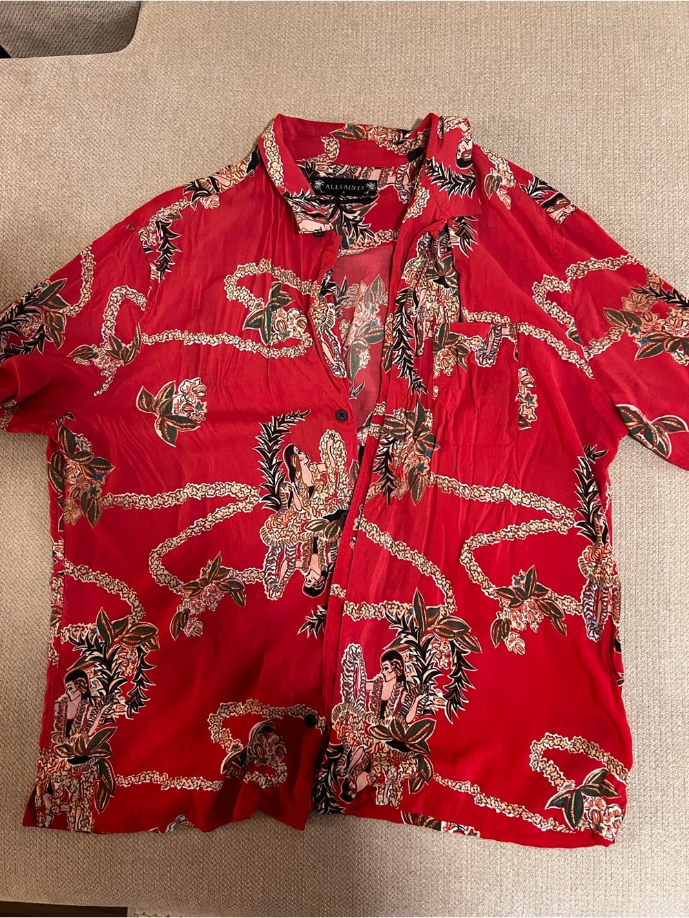 All Saints Red Floral Relaxed Button-Down Shirt
